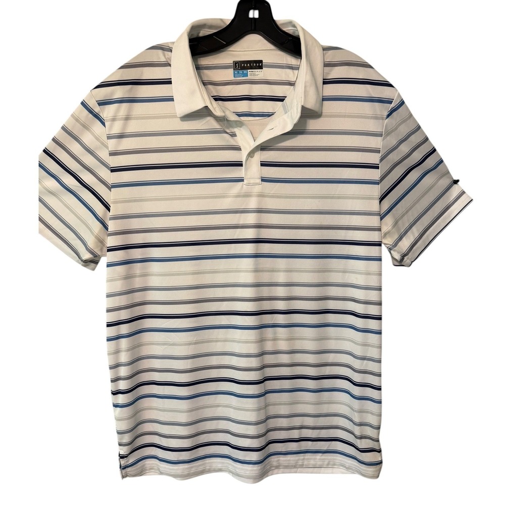 PGA Tour Polo Shirt Men XL White Blue Striped Athletic Fit Pro Series‎ Golfcore